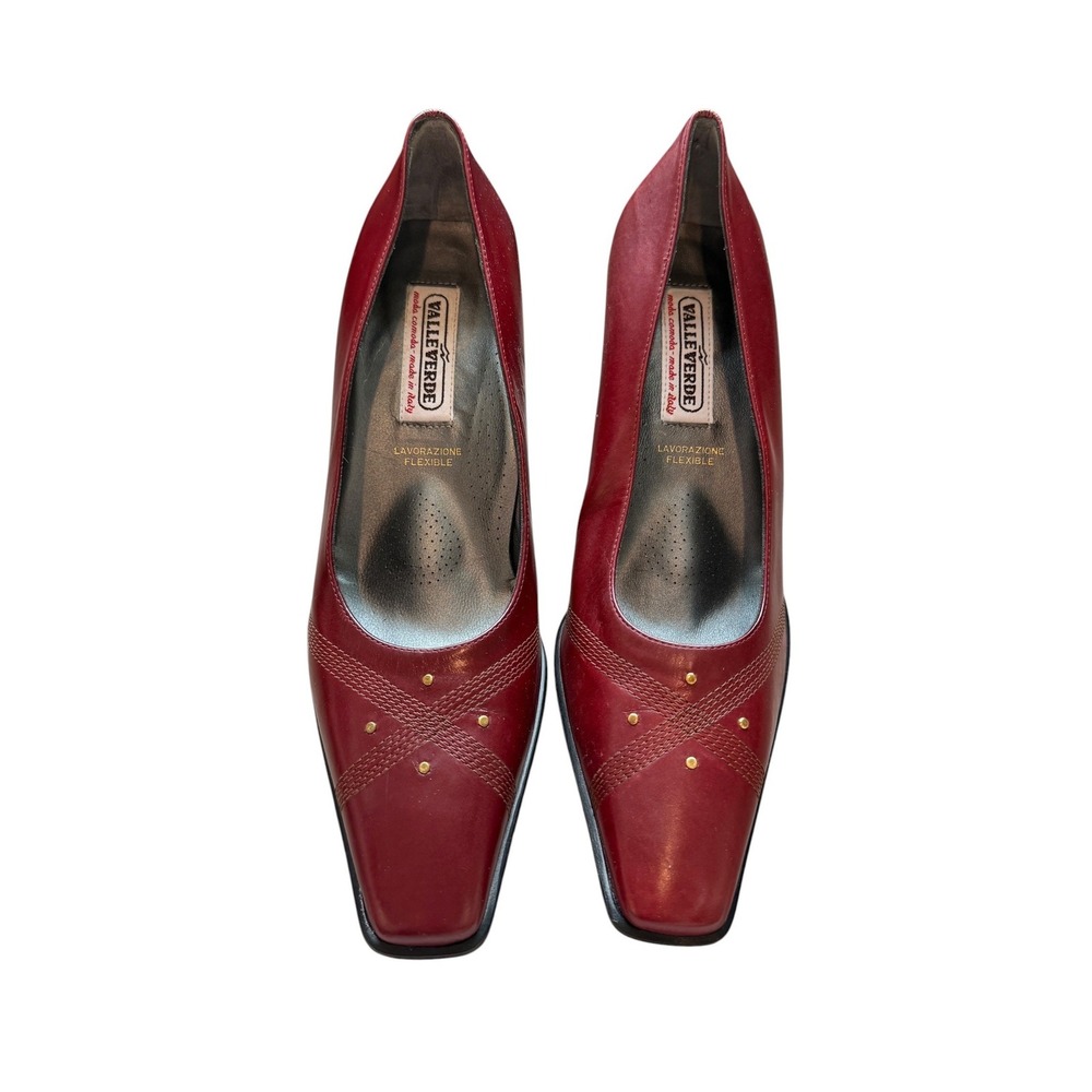 Valleverde Pumps Women 38 Red Leather Square Toe Studded Heels Made in Italy